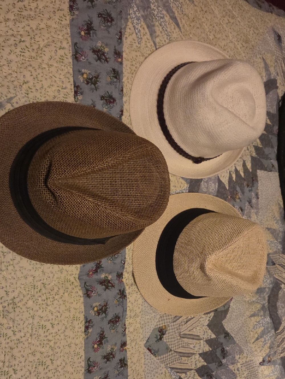 Three Straw Fedora Hats in White, Tan, and Brown